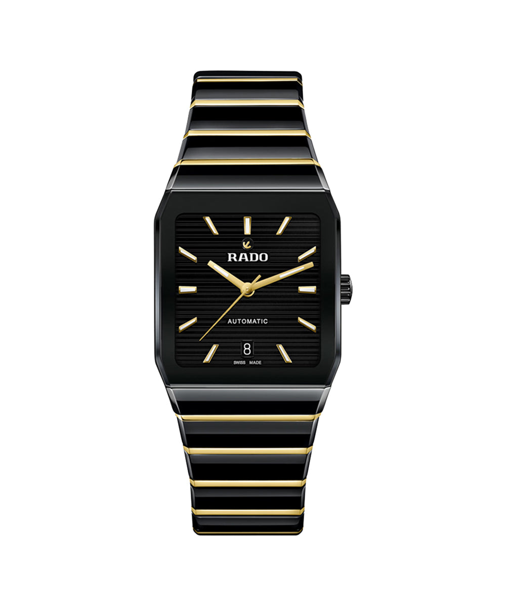 Black and gold Rado watch on a white background