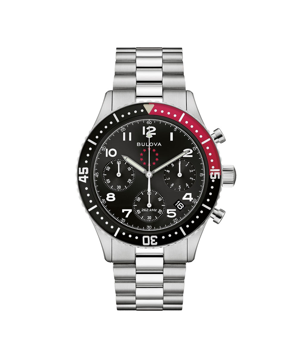 Bulova watch with black face and red accents on a white background