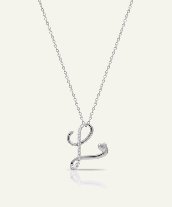 Silver necklace with a letter 'L' pendant on a white background