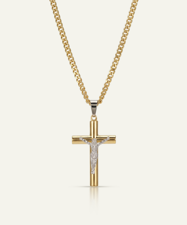 Gold cross pendant necklace with chain on a white background
