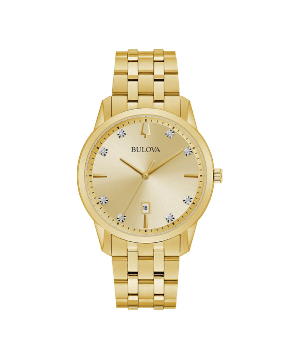 Gold Bulova watch with diamond-studded face on a white background