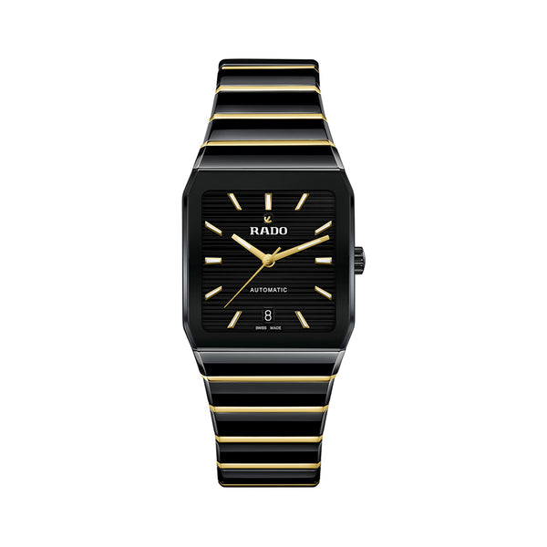 Black and gold Rado watch on a white background
