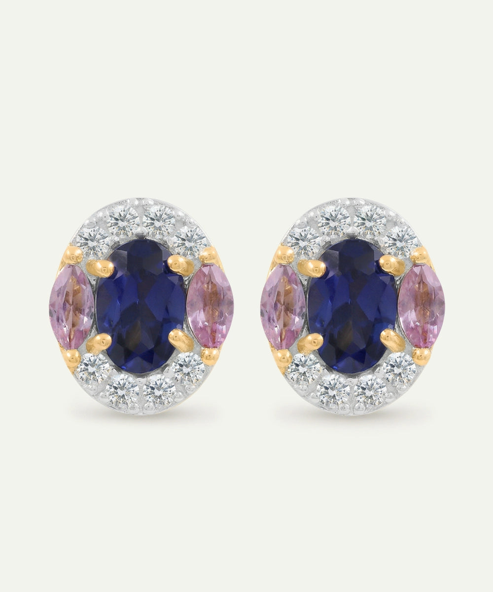 Pair of earrings with blue and pink gemstones on a white background