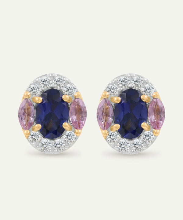Pair of earrings with blue and pink gemstones on a white background