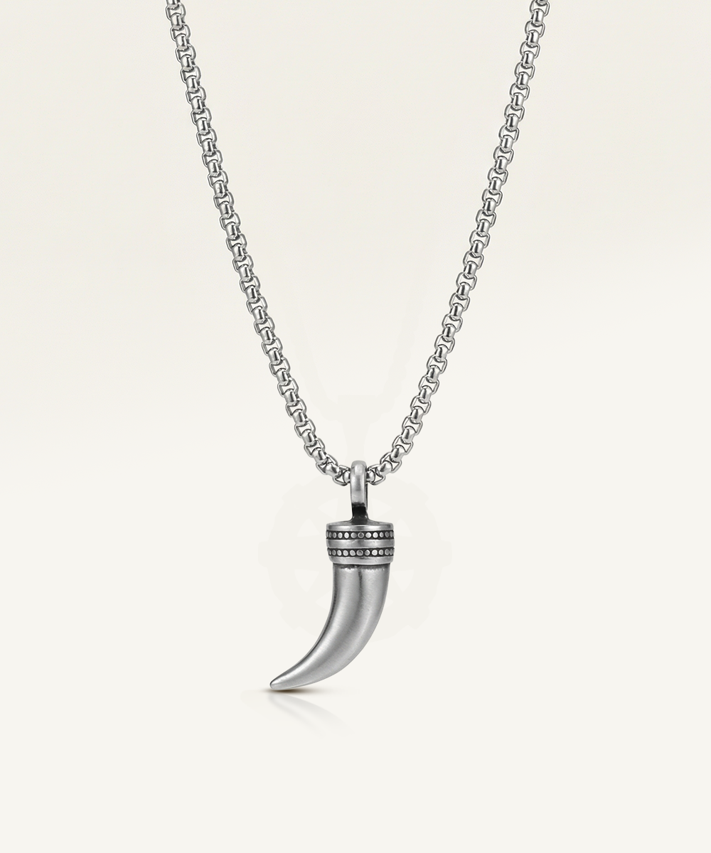 Men's silver horn pendant necklace with a textured cap and round box chain.