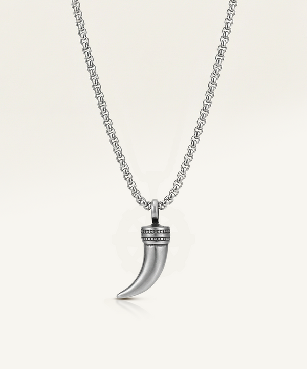 Men's silver horn pendant necklace with a textured cap and round box chain.