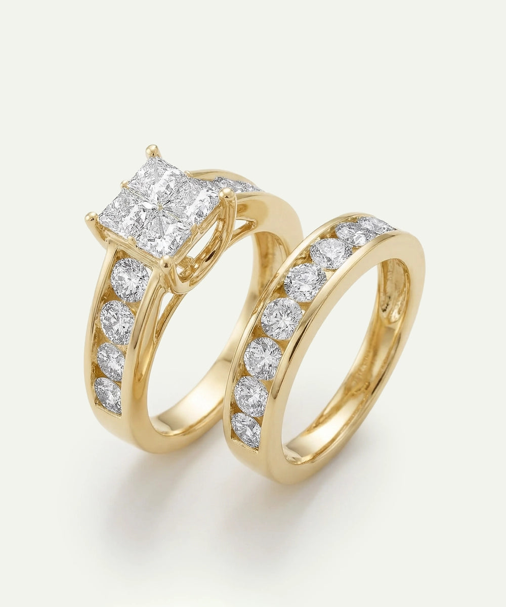 Two gold rings with diamond accents on a light gray background