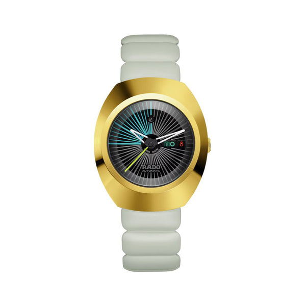 Gold watch with a white strap on a white background