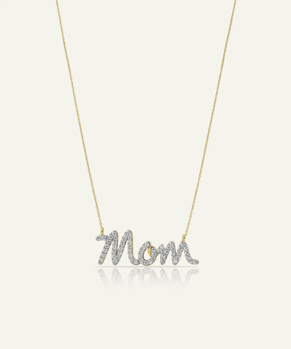 Necklace with 'Mom' pendant on a light gray background