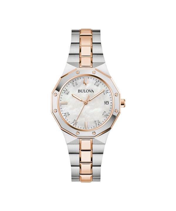 Bulova watch with two-tone rose gold and silver bracelet on a white background