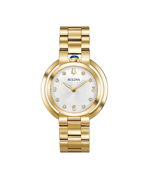 Gold wristwatch with a white face on a white background, featuring the Bulova brand.