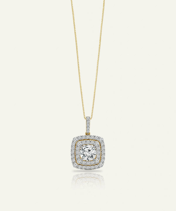 Diamond necklace with a square pendant on a light beige background