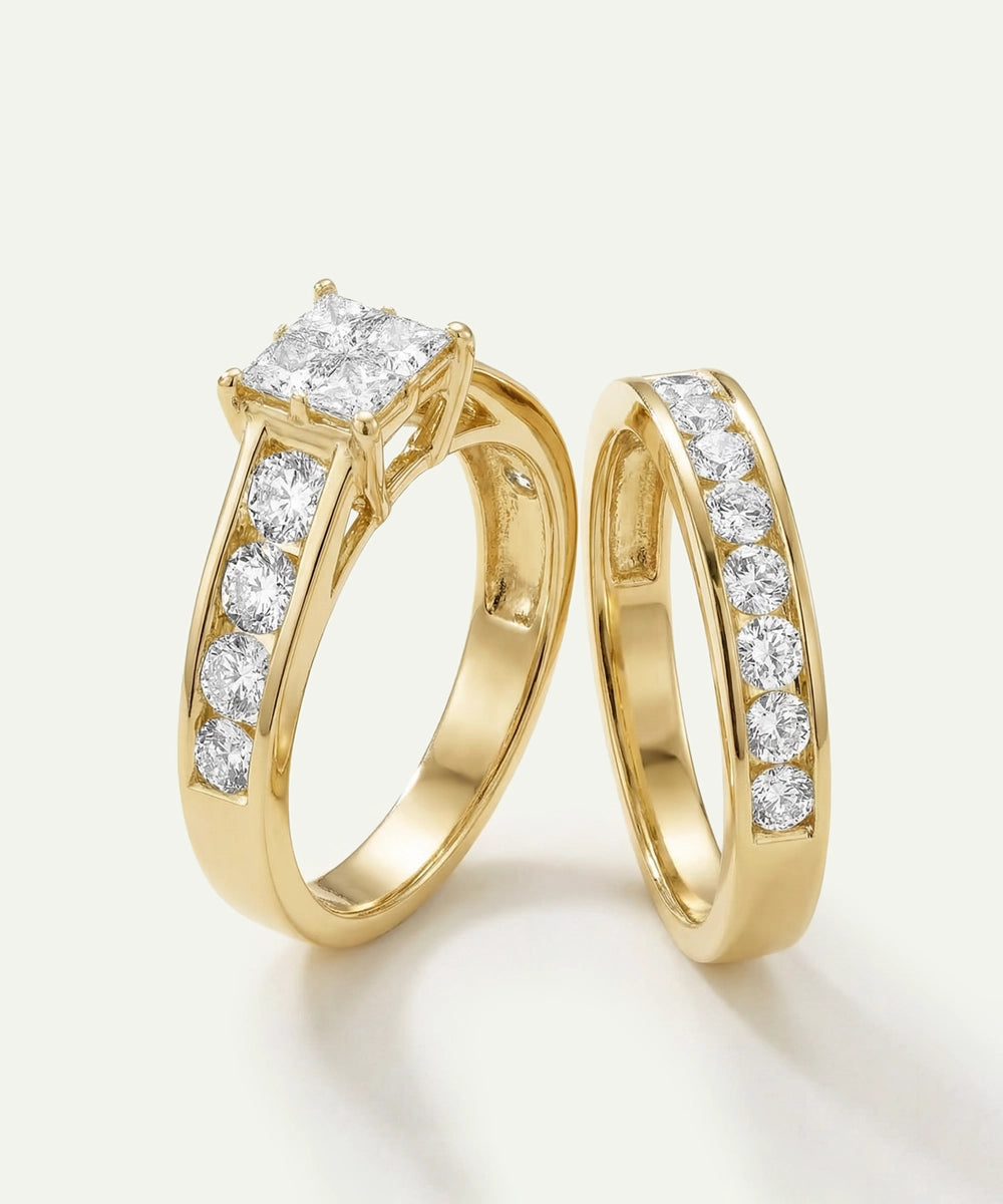 Two gold rings with diamond accents on a light background