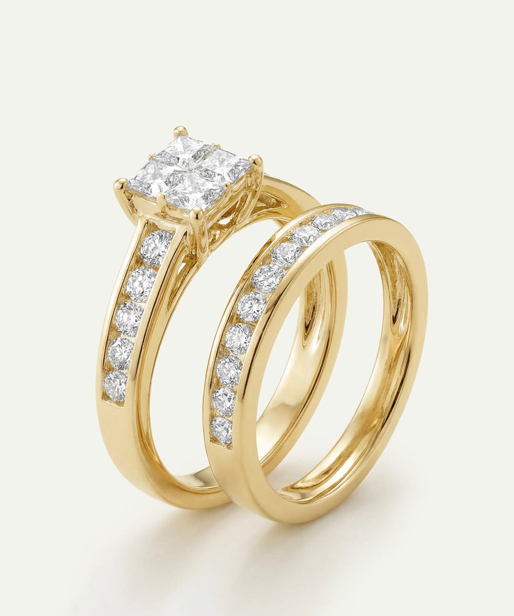Gold ring with diamond accents on a white background
