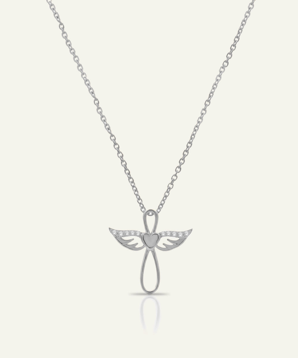 Silver angel pendant necklace on a white background
