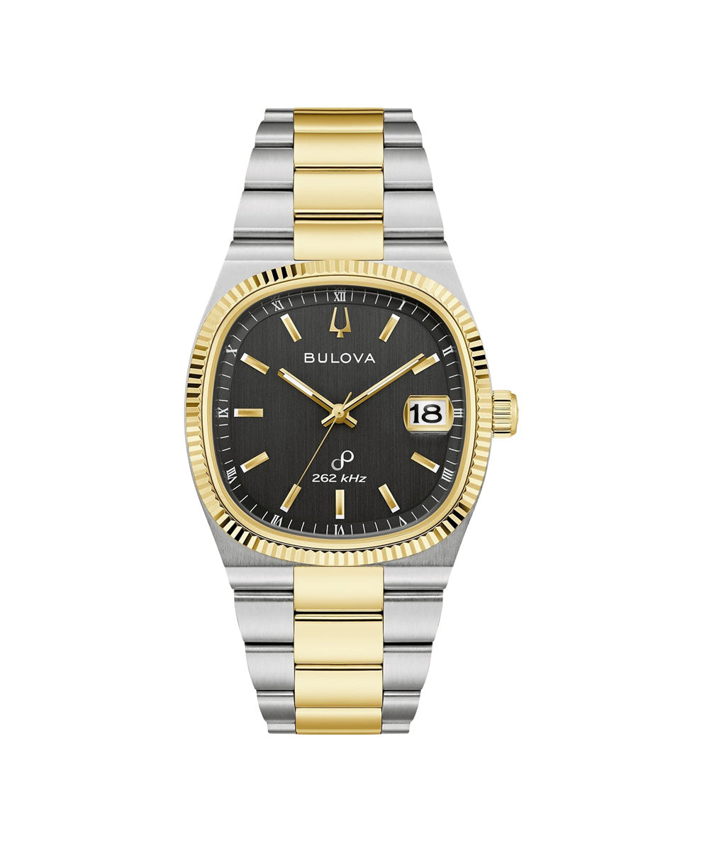 Bulova watch with two-tone metal band on a white background