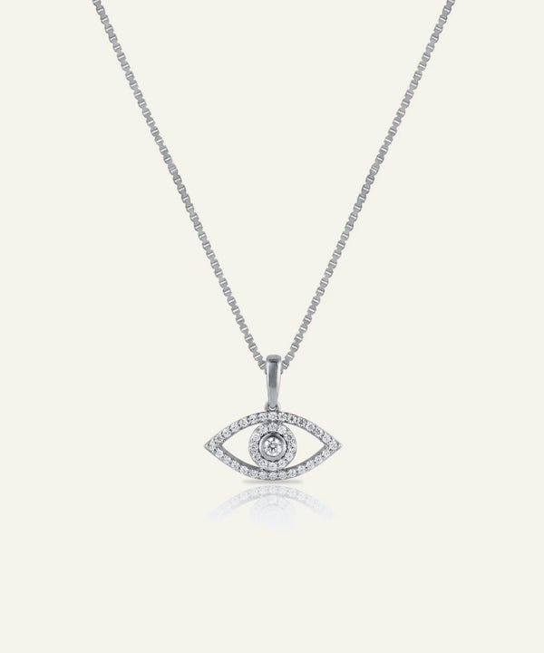 Silver necklace with an eye-shaped pendant on a white background