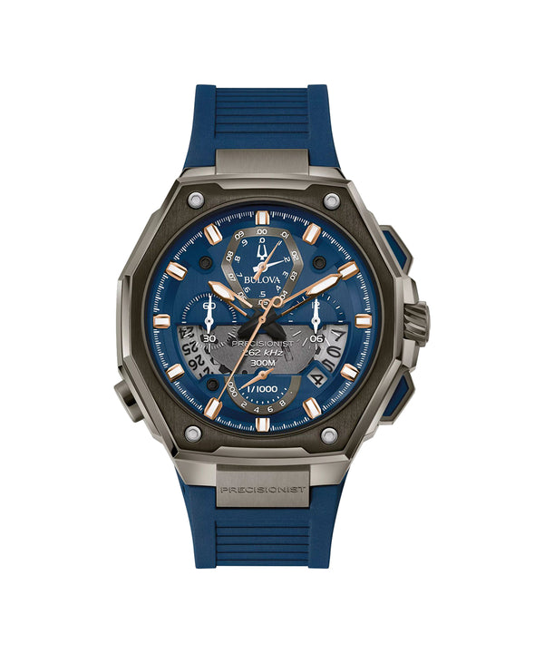Blue and silver watch with detailed face on a white background