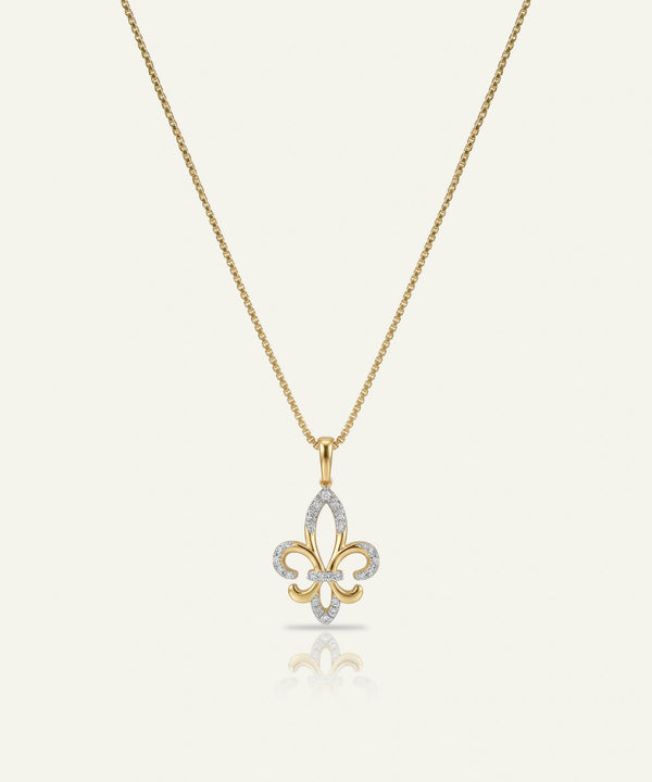 Gold and silver fleur-de-lis pendant on a chain against a white background