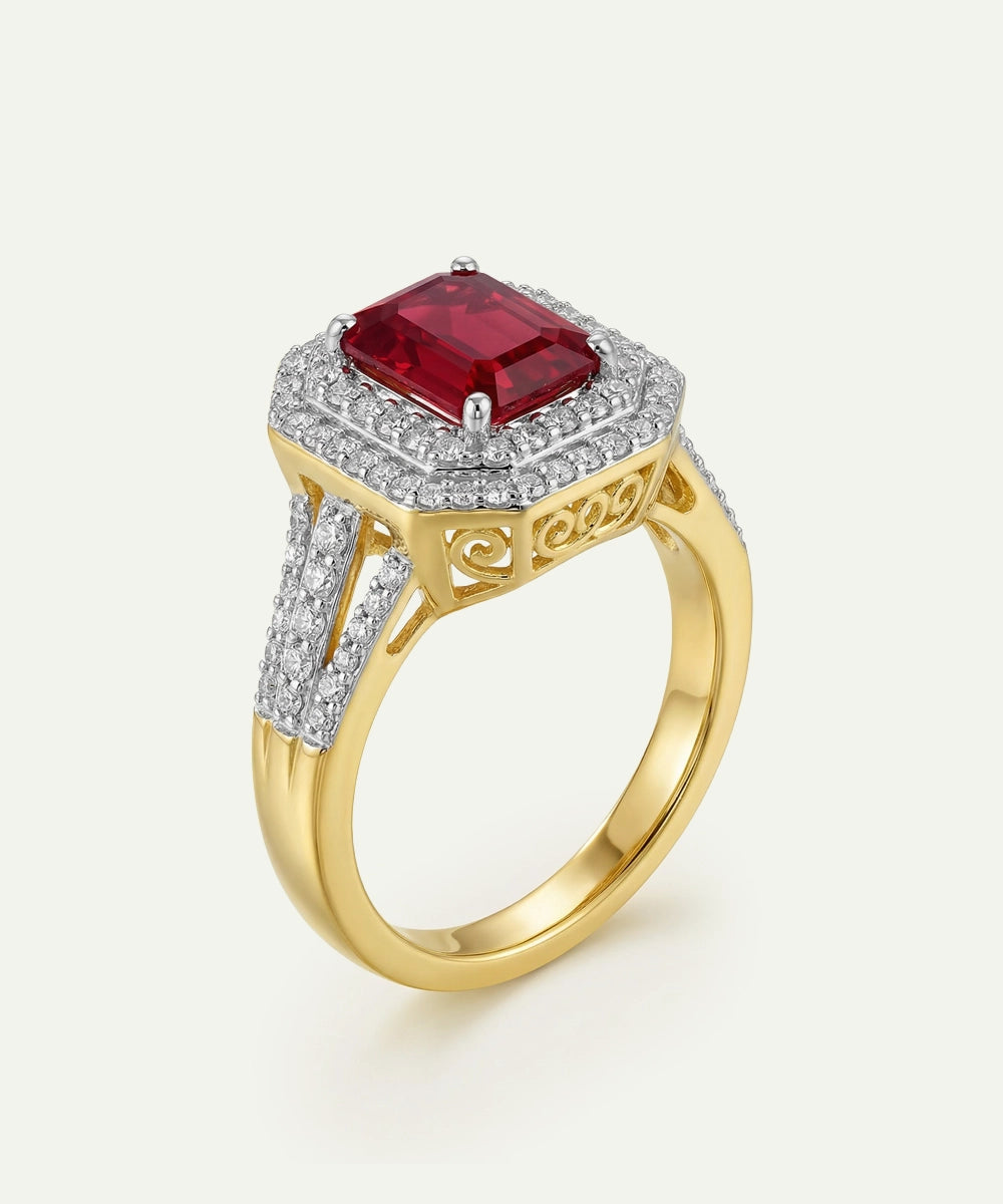 Aanika V. Ruby & Diamond Emerald-Cut Halo Split Shank Ring