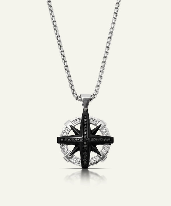 Link N Lock® Black Cubic Zirconia Stainless Steel Compass Pendant with 24 inch Round Box Chain