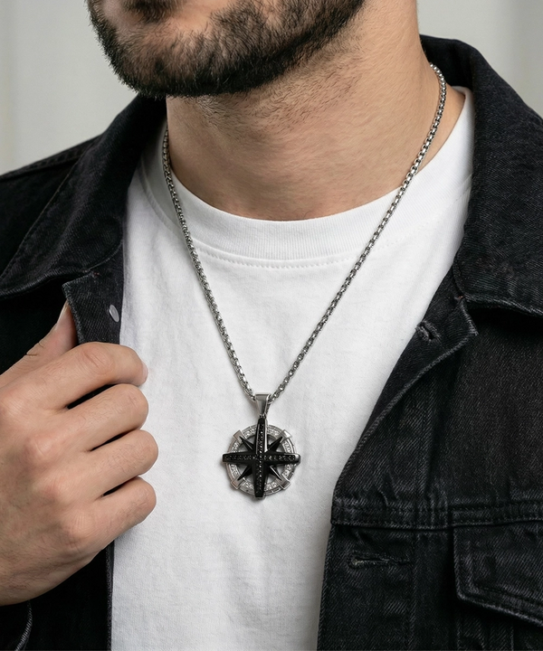 Link N Lock® Black Cubic Zirconia Stainless Steel Compass Pendant with 24 inch Round Box Chain