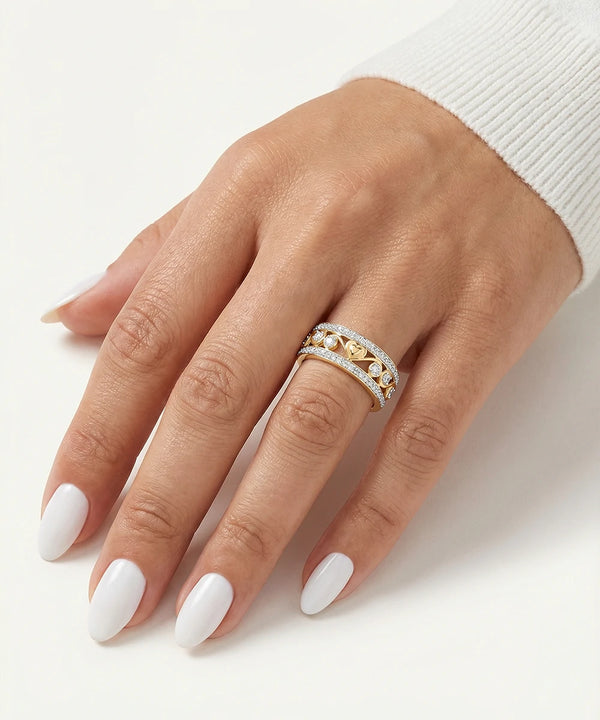 Hand wearing a gold ring with a white background