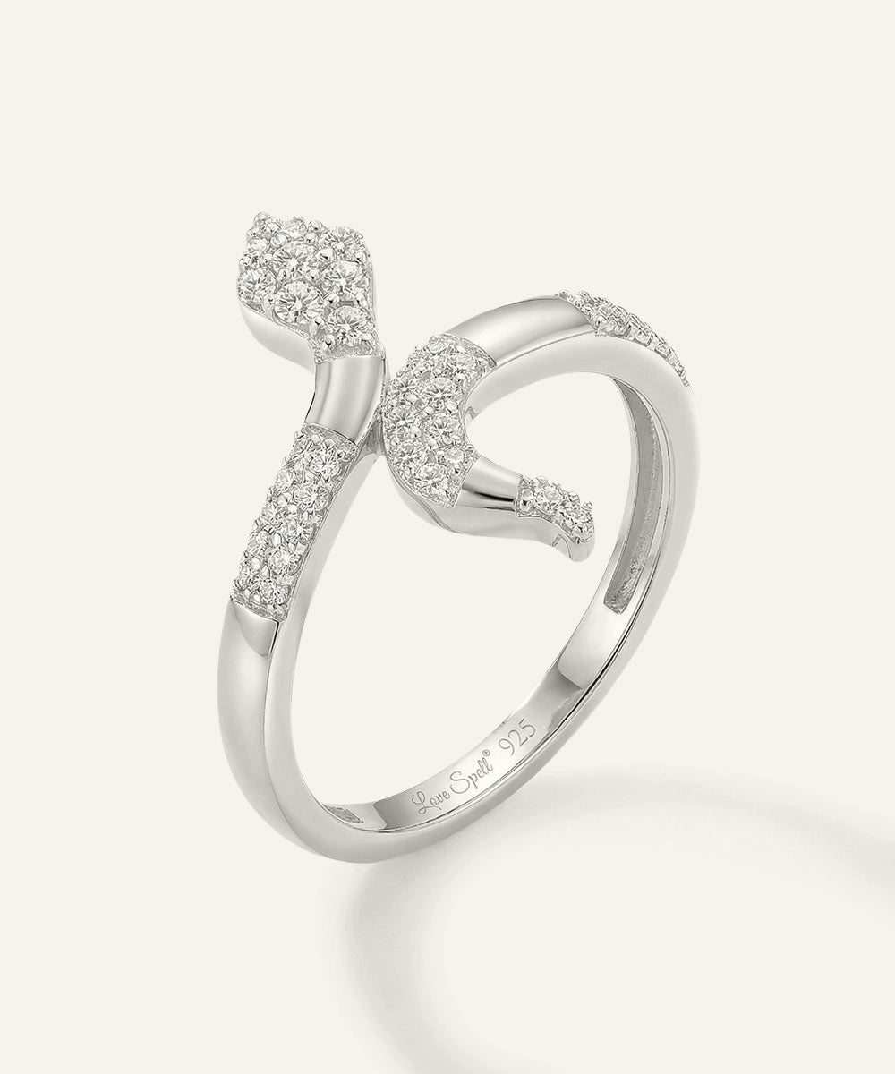 Silver ring with diamond accents on a white background