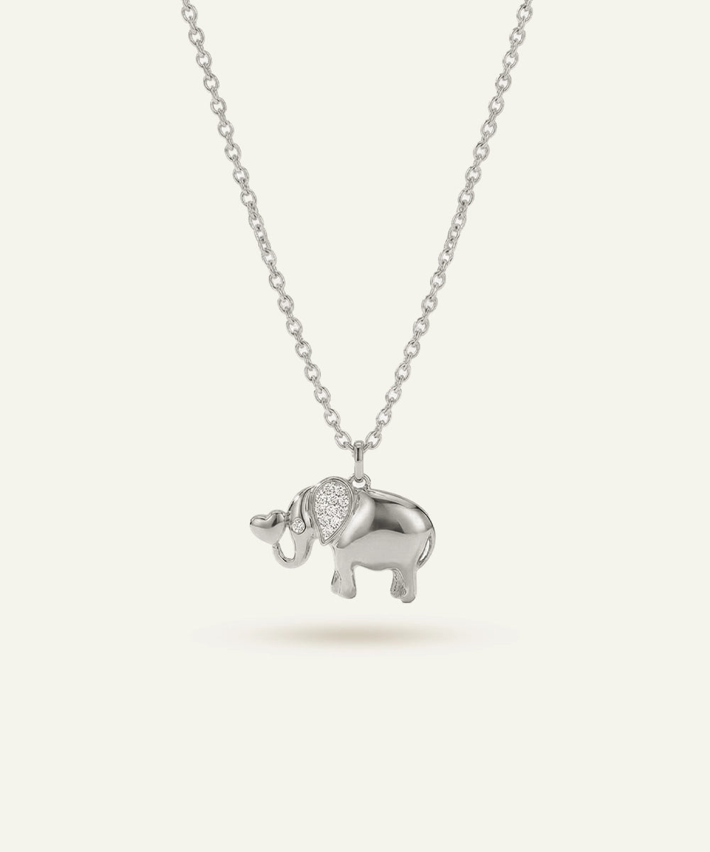 Silver elephant pendant necklace on a white background