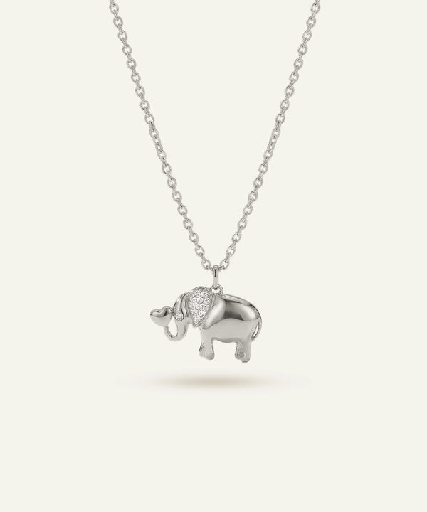 Silver elephant pendant necklace on a white background