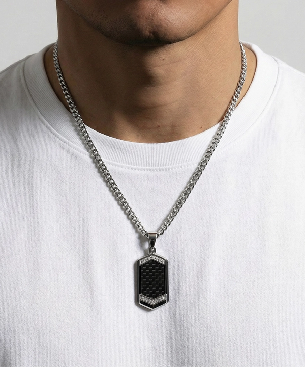 Link N Lock® Cubic Zirconia Stainless Steel Dog Tag Pendant with 24 inch Curb Chain