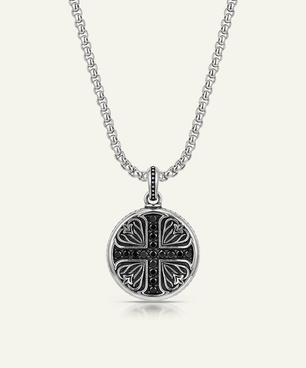 Link N Lock® Black Cubic Zirconia Round Medallion Cross Pendant with 24 inch Round Box Chain