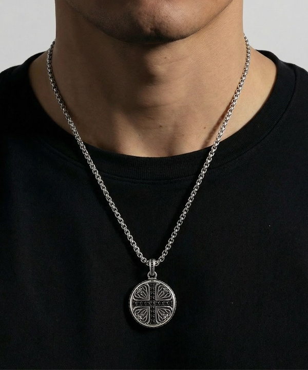 Link N Lock® Black Cubic Zirconia Round Medallion Cross Pendant with 24 inch Round Box Chain