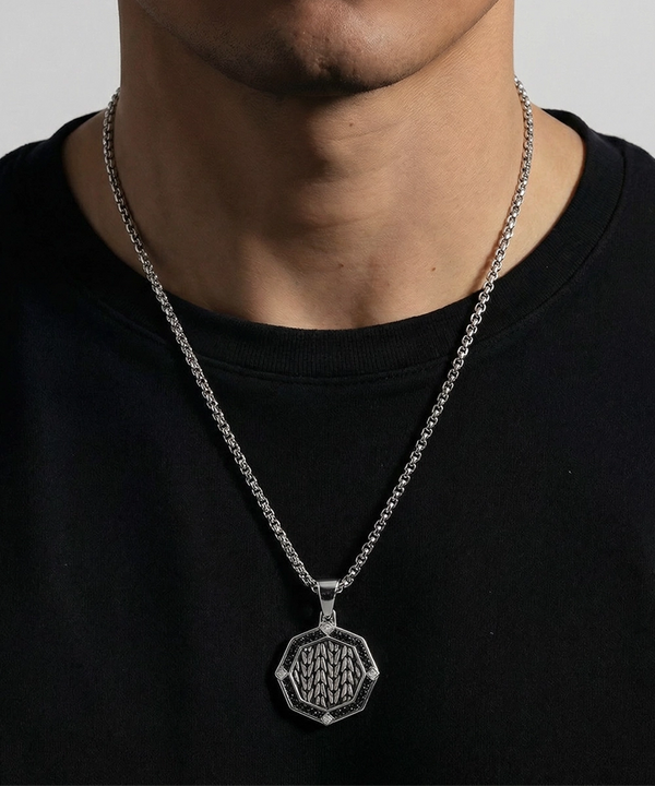Link N Lock® Black Cubic Zirconia Octagonal Medallion Pendant with 24 inch Round Box Chain