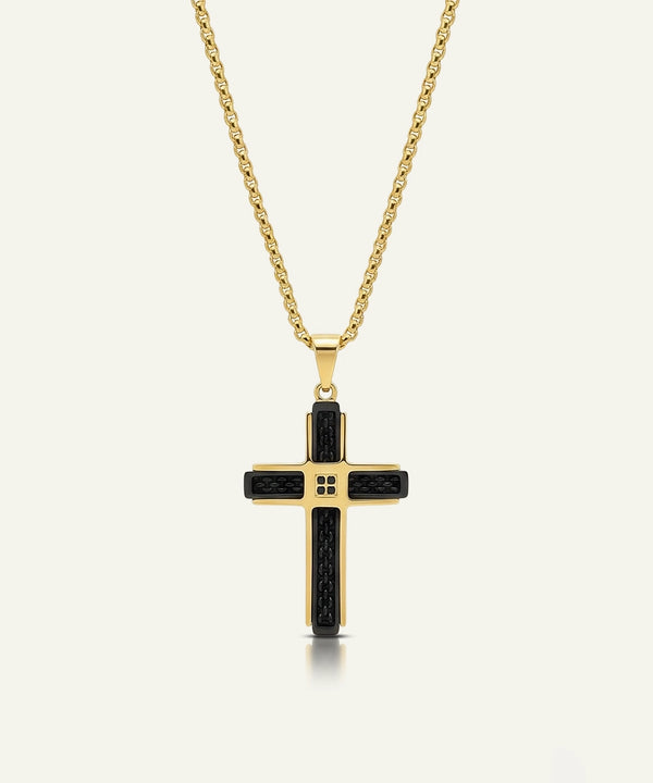 Link N Lock® Black Cubic Zirconia Stainless Steel Cross Pendant with 24 inch Round Box Chian