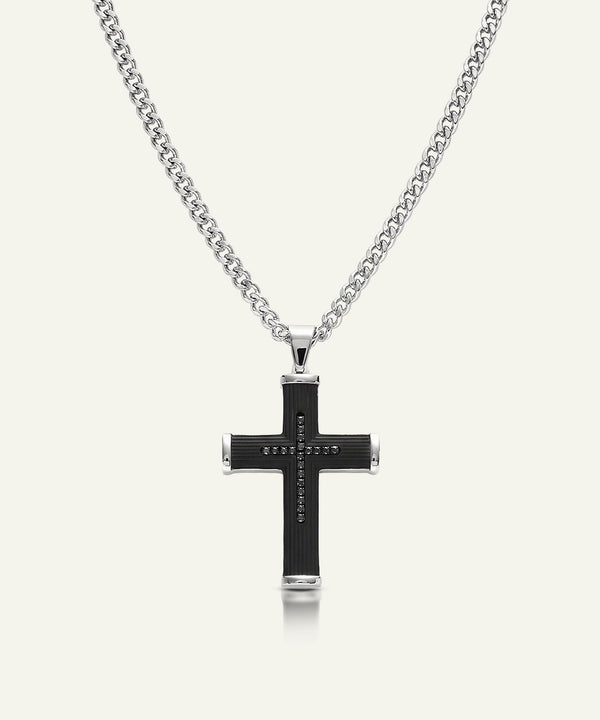 Link N Lock® Black Cubic Zirconia Stainless Steel Cross Pendant with 24 inch Curb Chain