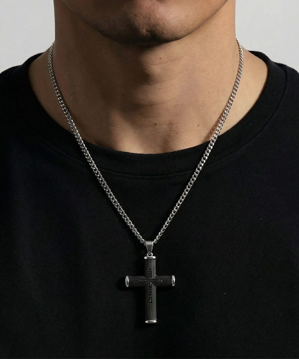 Link N Lock® Black Cubic Zirconia Stainless Steel Cross Pendant with 24 inch Curb Chain