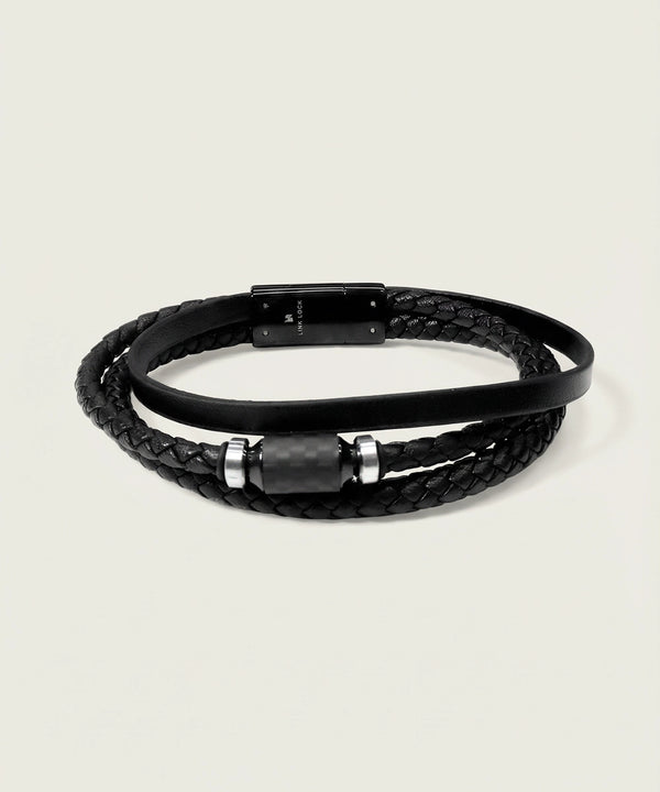 Link N Lock® Men's Black Triple Band Leather Bracelet with Bead