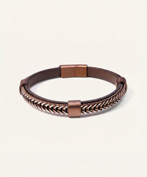 Link N Lock® Men's Bronze and Steel Colored PU Rope Leather Bracelet
