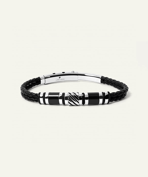 Link N Lock® Men's Black Leather Bracelet with Enamel & Steel Beads