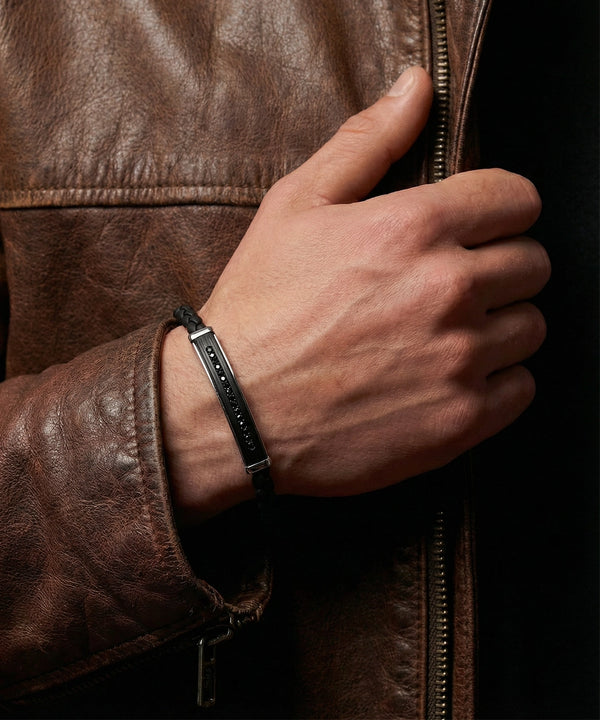 Link N Lock® Black CZ Leather & Stainless Bracelet