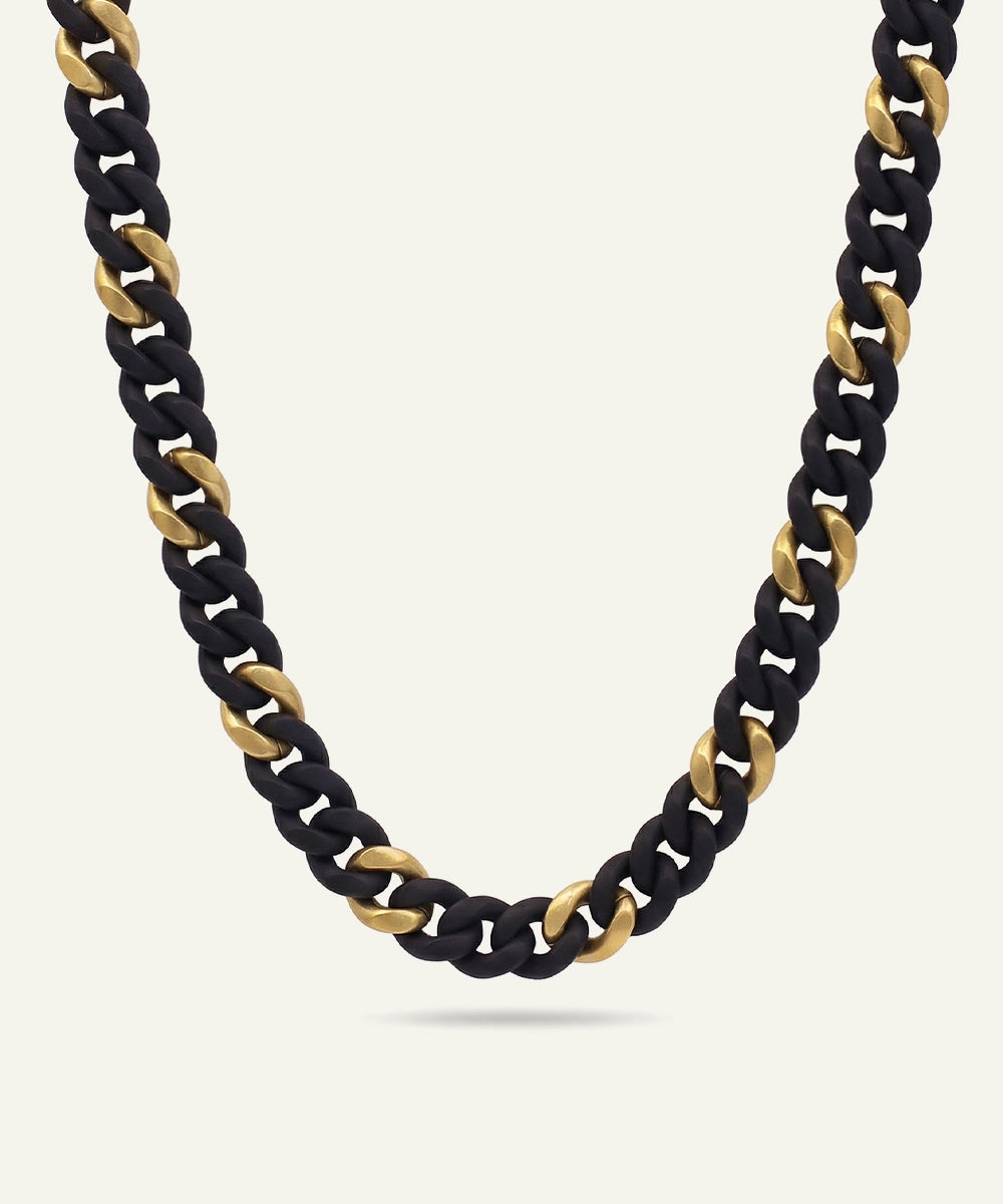 Black and gold chain necklace on a white background