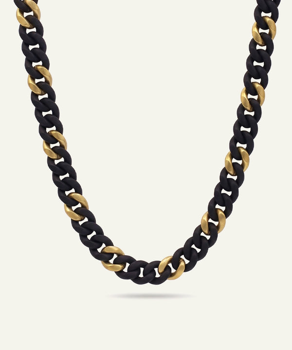 Black and gold chain necklace on a white background