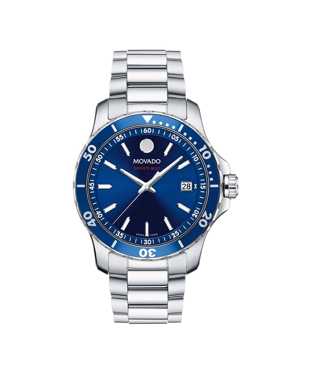 Silver watch with blue dial on a white background