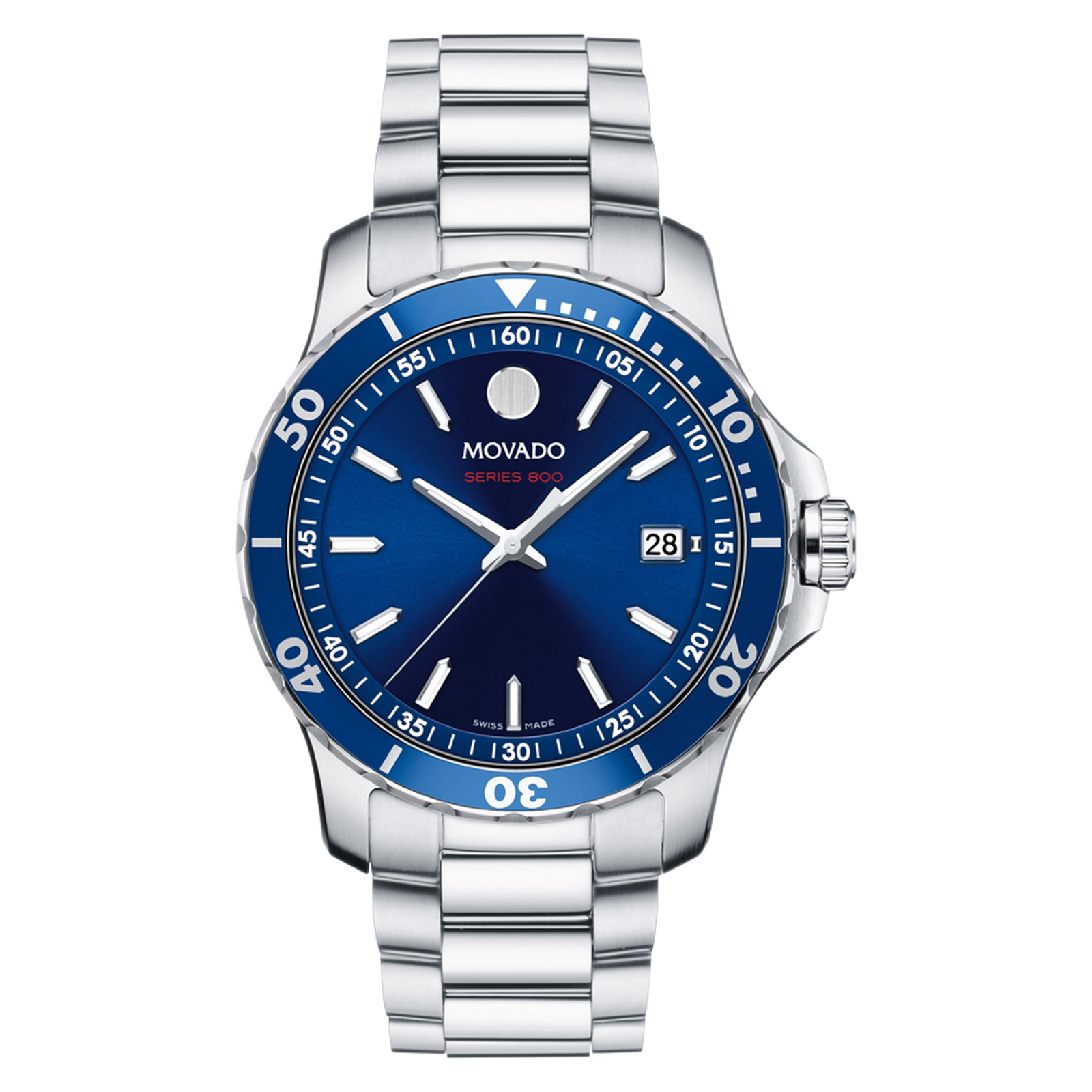 Movado watch with blue dial and silver bracelet on a white background