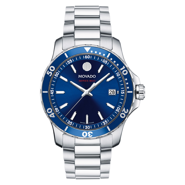 Movado watch with blue dial and silver bracelet on a white background