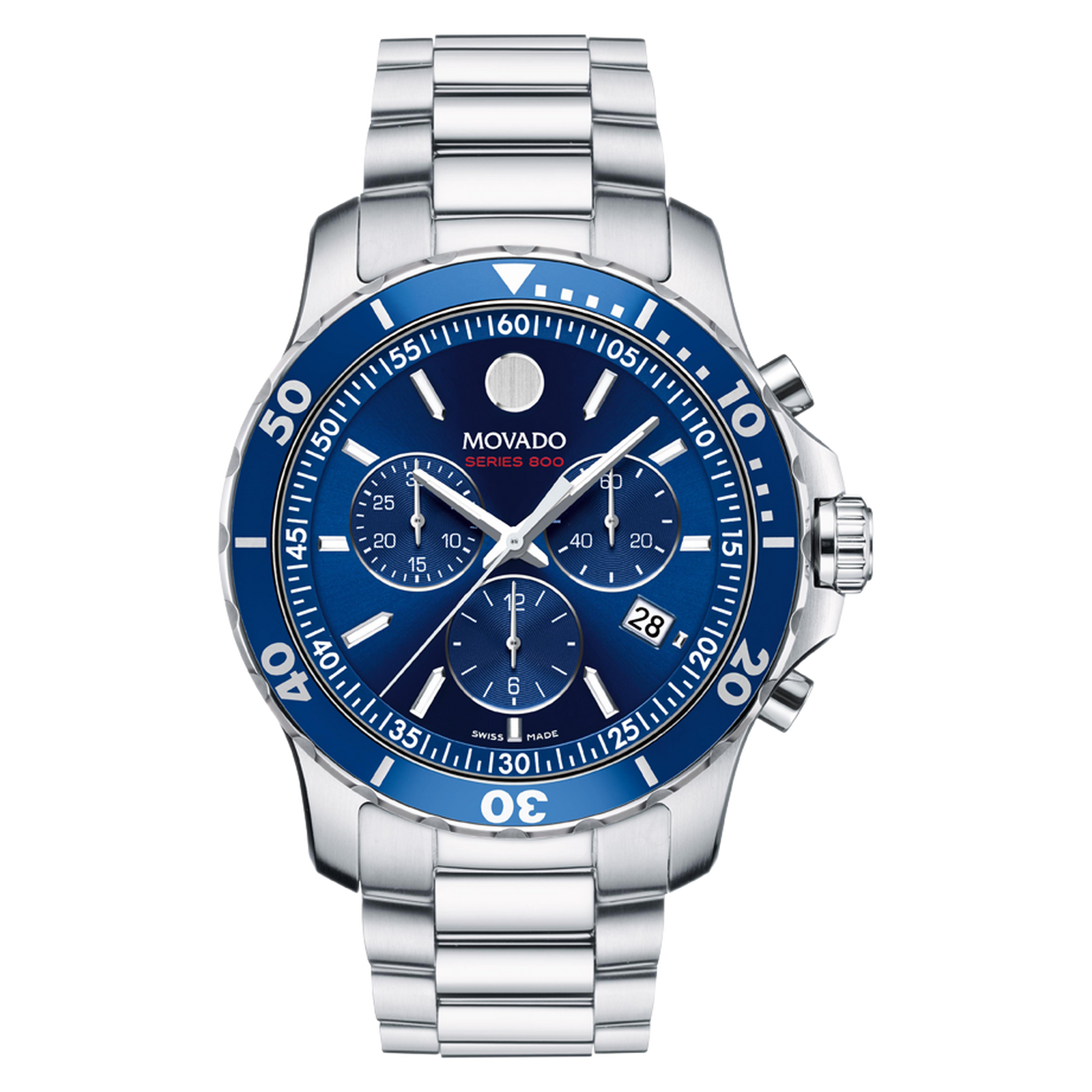Movado watch with blue face and silver bracelet on a white background