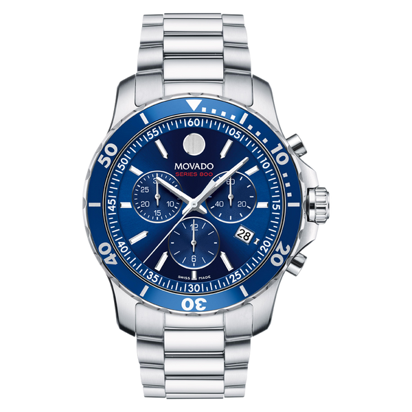 Movado watch with blue face and silver bracelet on a white background