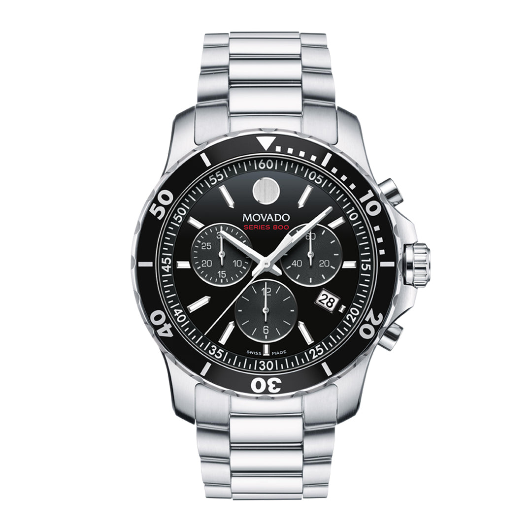 Movado watch with black dial and silver bracelet on a white background