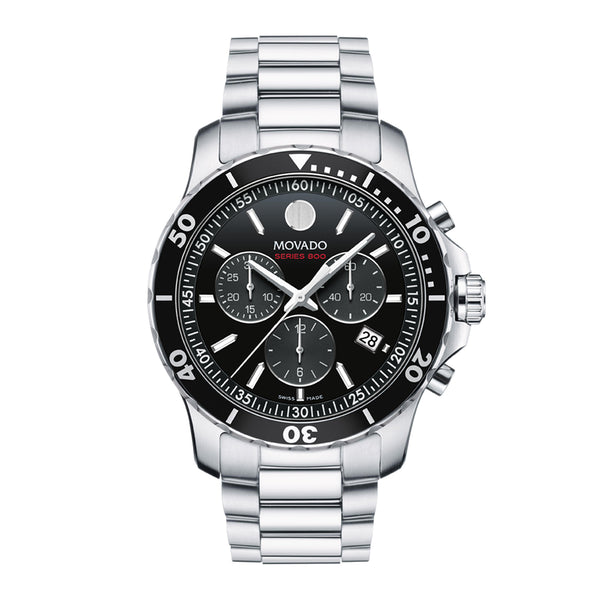 Movado watch with black dial and silver bracelet on a white background
